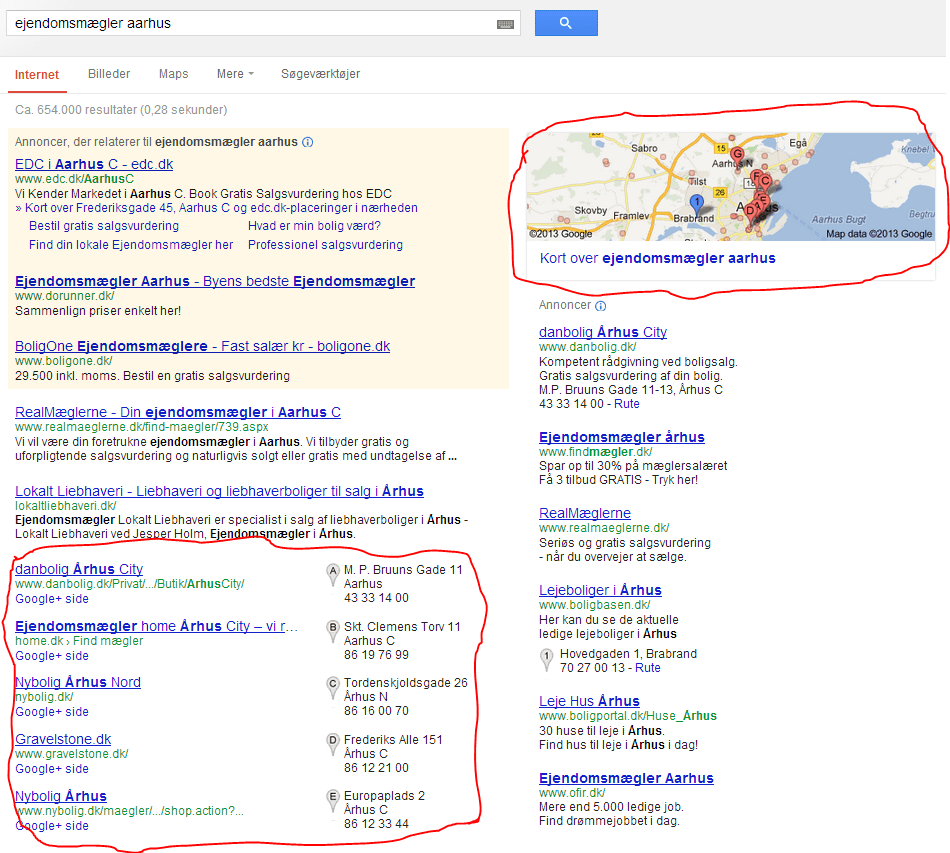 Places-listings” i Googles søgeresultater